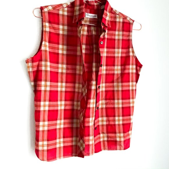 vintage sleeveless plaid button up red top/collar - Picture 3 of 7